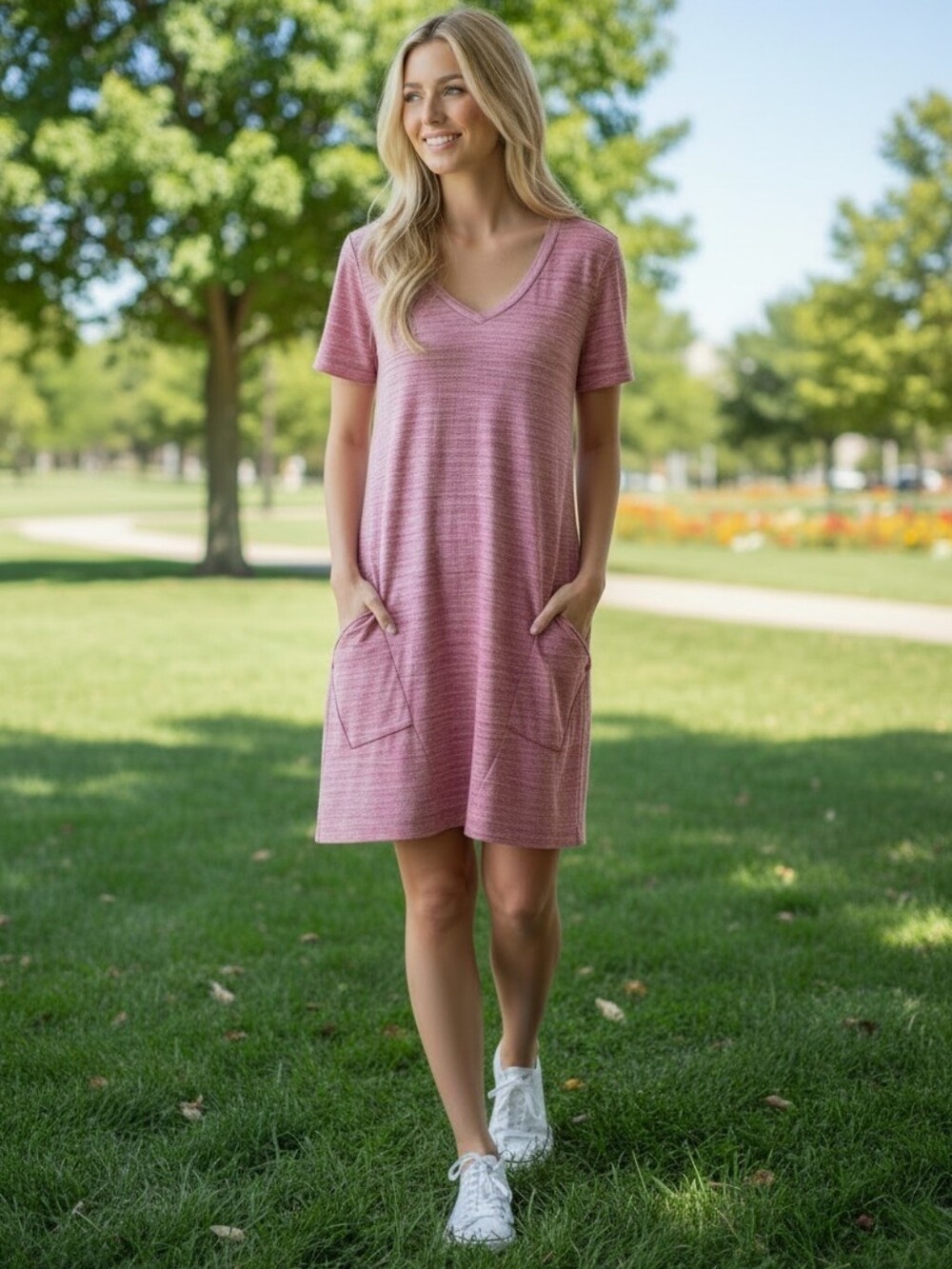 Pure Essence Cotton Blend Pink Space-Dye V-Neck Dress with Front Pockets